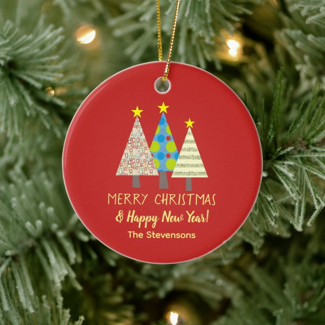 Red Christmas Tree Family Name Keramik Ornament (Baum)