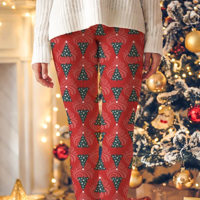 Red Christmas Tree Pattern Urlaub Leggings (Von Creator hochgeladen)