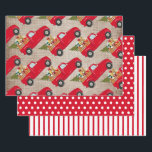 Red Christmas Tree Truck Burlap Polka Dots Streife Geschenkpapier Set<br><div class="desc">Drei Bogen rustikale Burlap, Polka Punkte und Streifen Weihnachtsverpackungspapier Set. Blatt 1 ist ein rustikal brauner Einbruch mit einem roten Lieferwagen LKW, der einen Weihnachtsbaum und Geschenke trägt. Blatt 2 ist ein koordinierendes rotes und weißes Polka-Punktmuster, und Blatt 3 ist ein rot-weiß gestreiftes Muster. Kontaktieren Sie uns für Hilfe bei...</div>