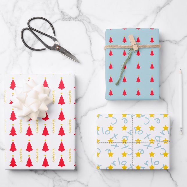 Red Christmas Tree Yellow Star Minimalistisch Geschenkpapier Set (Vorderseite)
