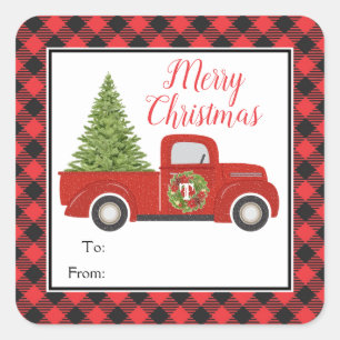 Red Christmas Truck Buffalo Kariert von Geschenk Quadratischer Aufkleber