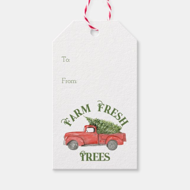 Red Christmas Truck Farm Frische Bäume Geschenkanhänger (Vorderseite)