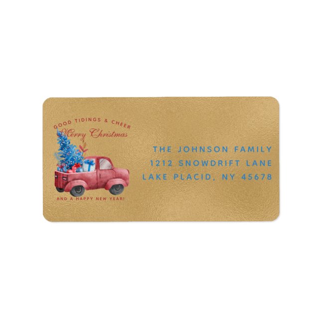 Red Christmas Truck Illustration Address Adressaufkleber (Vorne)