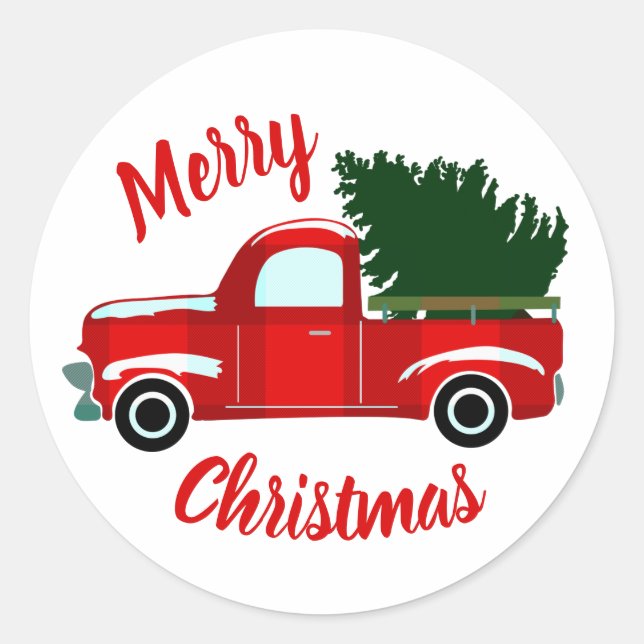 Red Christmas Truck Rustikale Weihnachtsfeier Runder Aufkleber (Vorderseite)