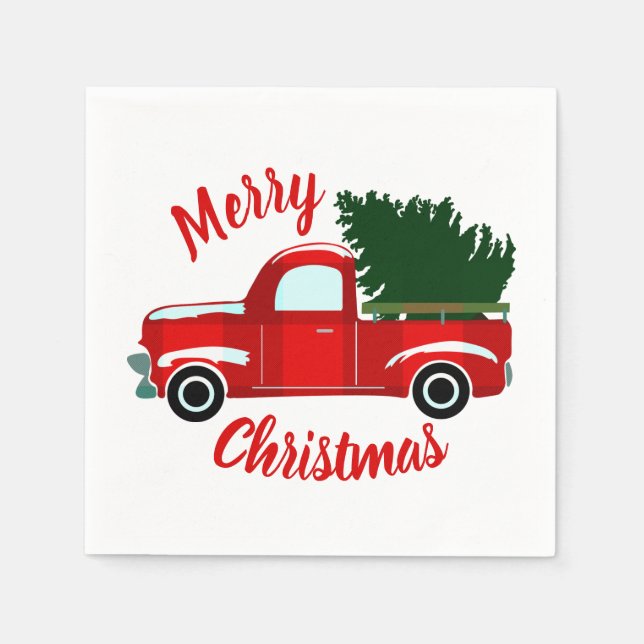 Red Christmas Truck Rustikale Weihnachtsfeier Serviette (Vorderseite)