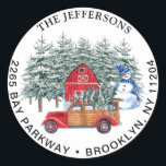 Red Christmas Truck & Snowman Return Address Label Runder Aufkleber<br><div class="desc">Red Christmas Truck & Snowman Rücksendeadresse Label.</div>