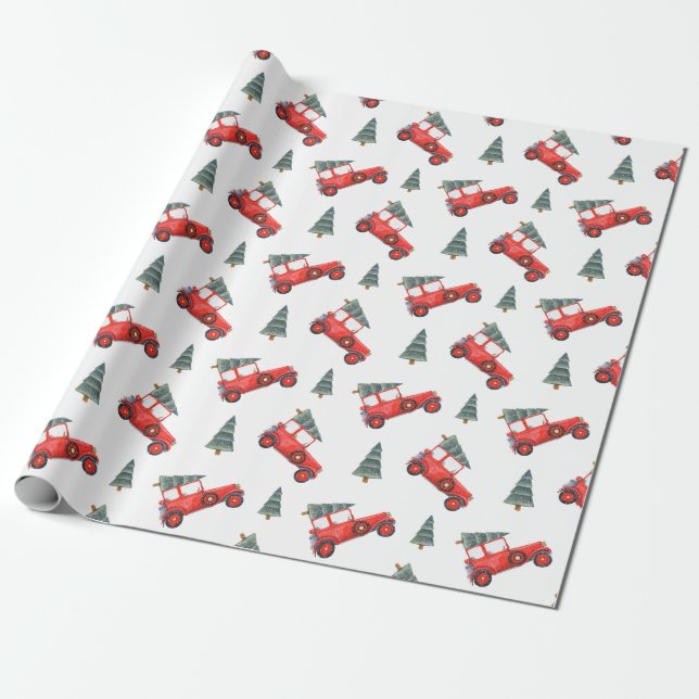 Red Christmas Truck Watercolor Holiday Geschenkpapier (Ungerollt)