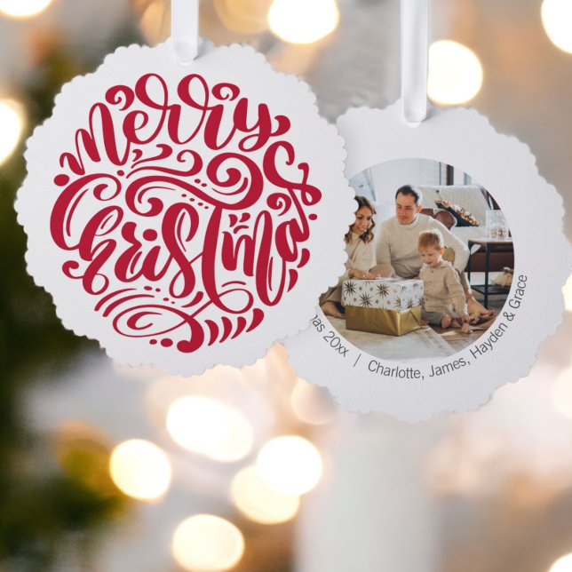 Red Christmas Typografy Personalisiert Foto Ornament Karte (Red Christmas Typography Personalized Photo Ornament Cards from Ricaso. A unique card & ornament )