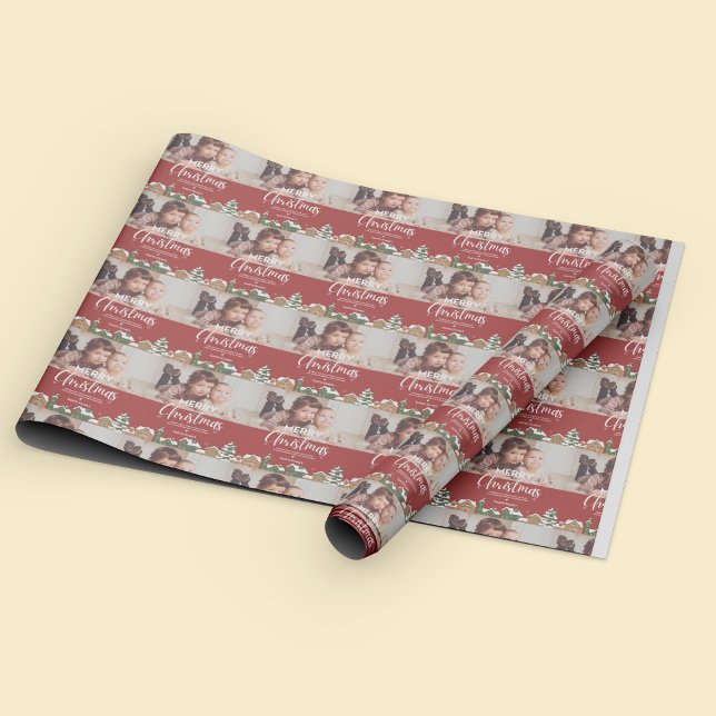 Red Christmas Village Family Foto Custom Holiday Geschenkpapier (Red Christmas Village Family Photo Custom Holiday Wrapping Paper)