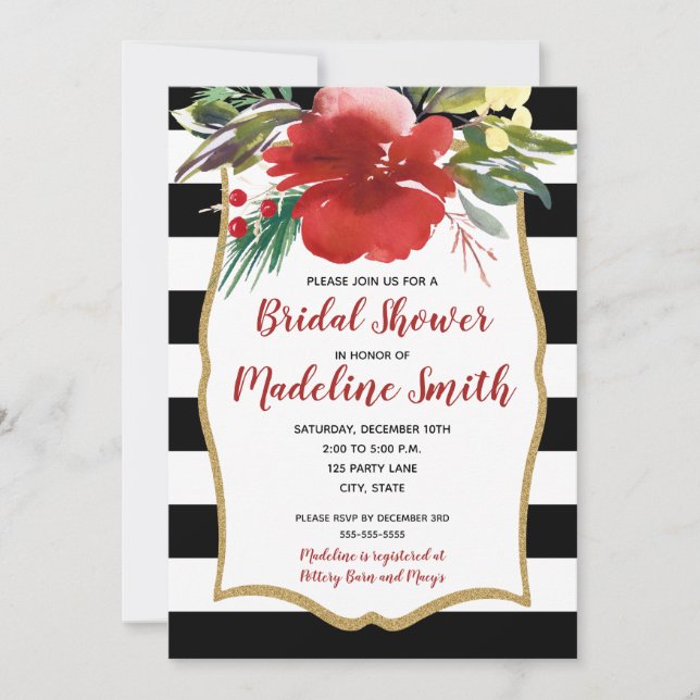 Red Christmas Watercolor Blume Brautparty Einladung (Vorderseite)