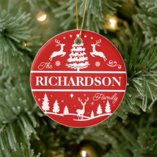 Red Christmas White Family Name   Monogramm Keramik Ornament