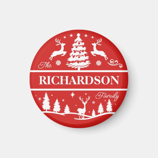 Red Christmas White Family Name Personalisiert Magnet (Vorne)