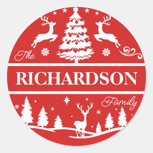 Red Christmas White Family Name | Urlaub Runder Aufkleber (Vorderseite)