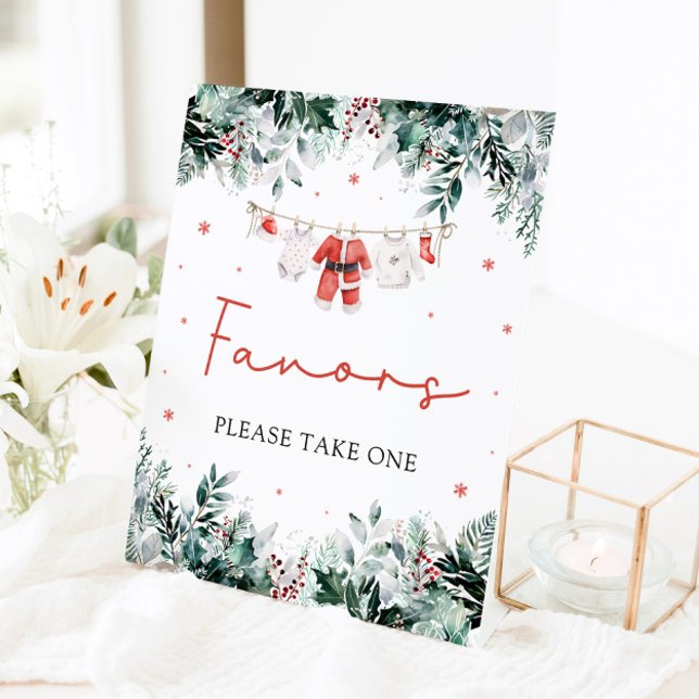 Red Christmas Winter Niedliche Weihnachtsduschfavo Sockelschild (Watercolor Red Christmas Winter Cute Santa Baby Shower Favors Pedestal Sign)