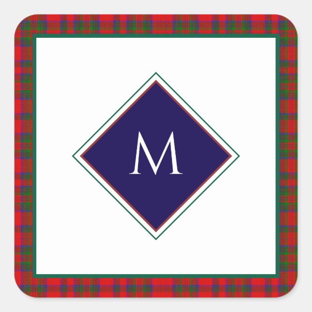 Red Christmas Wool Texture Plaid with Monogram Quadratischer Aufkleber (Vorderseite)