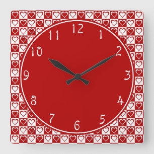 Red Circle mit Checkerboard Herz Muster Quadratische Wanduhr