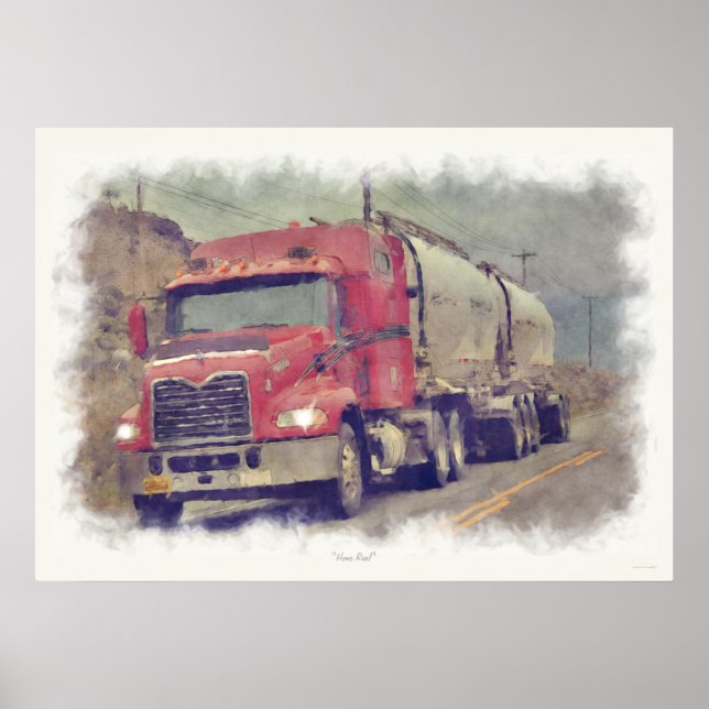 Red Cistern Truck Highway Driving Painting Print Poster (Vorne)