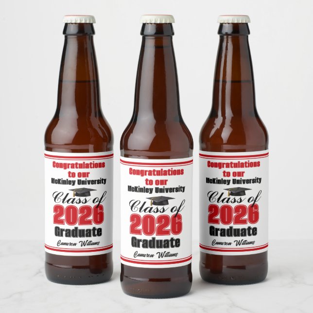 Red Class of 2026 Graduation Party Custom Bierflaschenetikett (Flaschen)