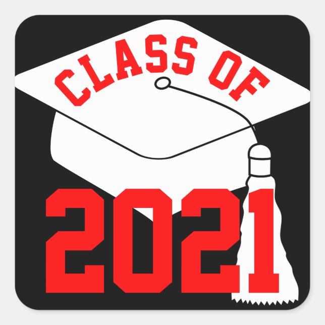 Red Class of White Grad Cap 2024 Quadratischer Aufkleber (Vorderseite)