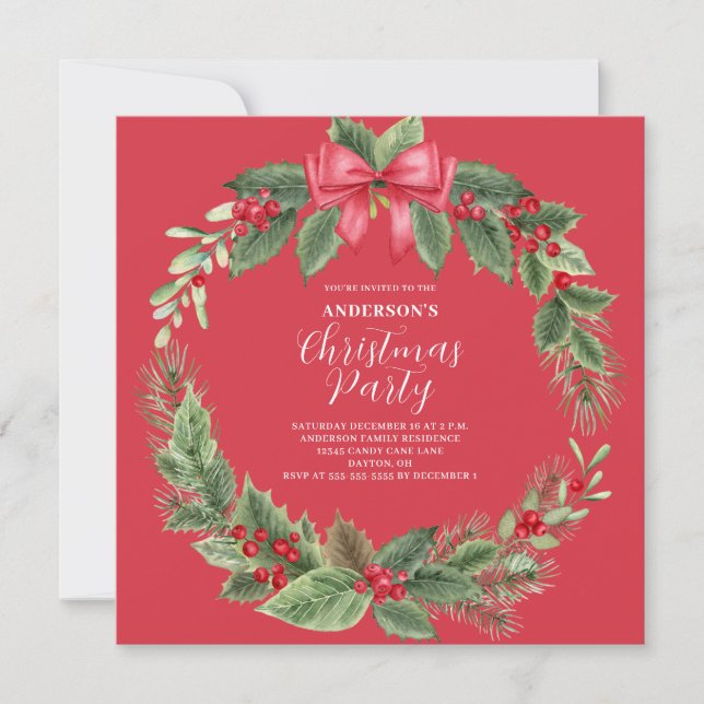 Red Classic Christmas Wreath Party Invitation (Devant)