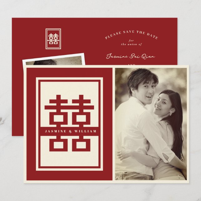 Red Classic Double Happiness Chinese Wedding Foto Save The Date (Vorne/Hinten)