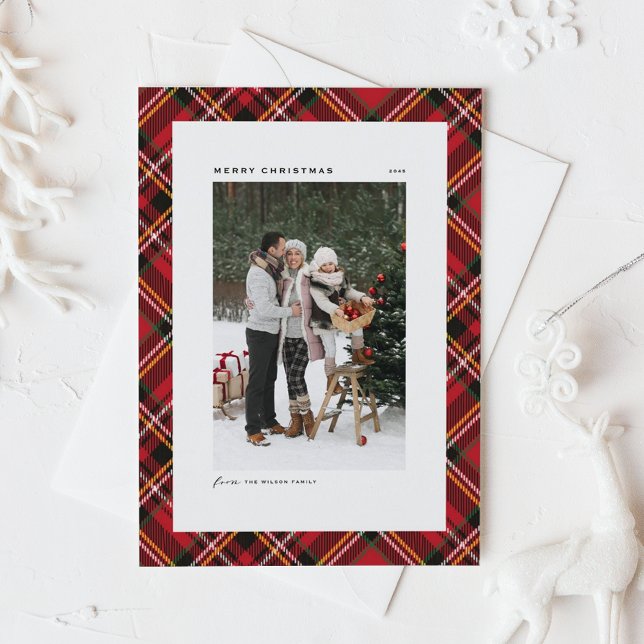 Red Classic Kariert Pattern Foto Frohe Weihnachten (Classic Red Plaid Pattern Photo Merry Christmas Holiday Card)