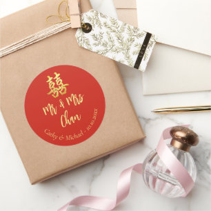 Red classic Mr & Mrs. Chinese wedding double xi Runder Aufkleber