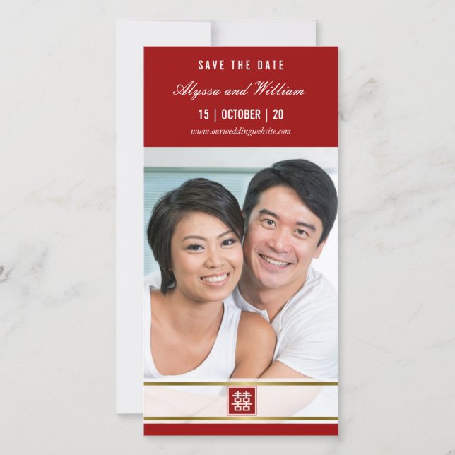 Red Classic Square Double Happy Chinesisches Foto Save The Date (Vorderseite)