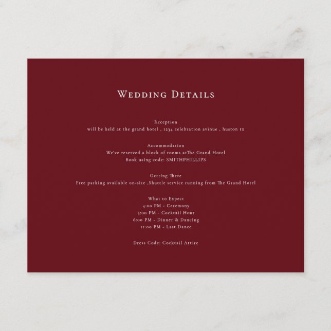 Red Classic Wedding Details Enclosure Card Begleitkarte (Vorderseite)