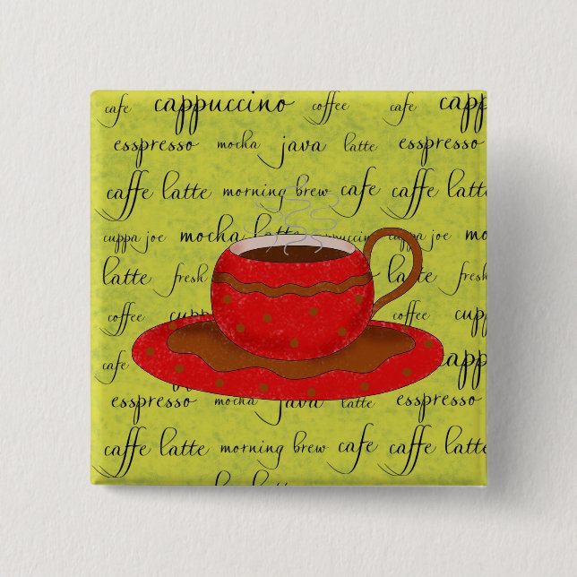 Red Coffee Cup Art on Lime Green Script Wörter Button (Vorderseite)