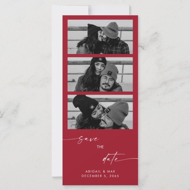 Red Collage B/W Foto Long Wedding Save the Date (Vorderseite)