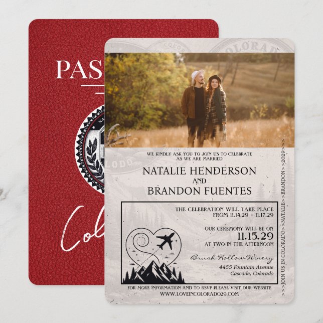 Red Colorado Passport Wedding Einladung (Vorne/Hinten)