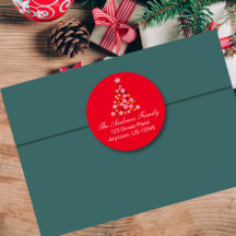 Red Colorful Christmas Tree Round-Address-Label
