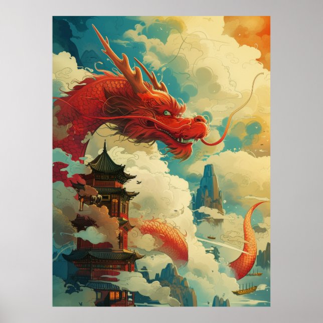 Red Comic Style Chinese Dragon Poster (Vorne)