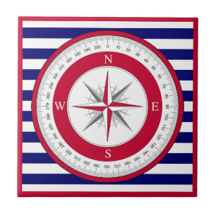 Red Compass Rose Blau und Weiß Streifen Fliese