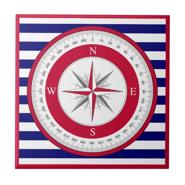 Red Compass Rose Blau und Weiß Streifen Fliese (Vorderseite)