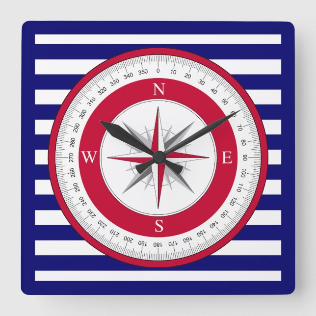 Red Compass Rose Blau und Weiß Streifen Quadratische Wanduhr (Vorderseite)