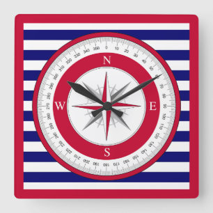 Red Compass Rose Blau und Weiß Streifen Quadratische Wanduhr