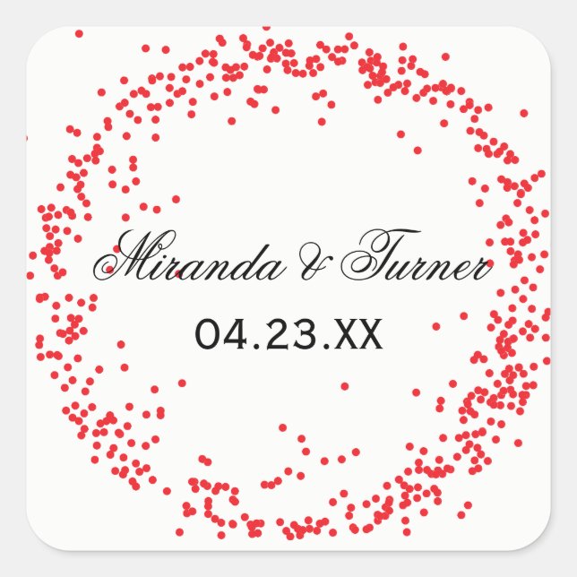 Red Confetti Names & Date - Square Sticker (Vorderseite)