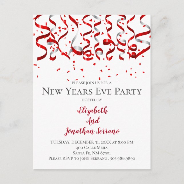 Red Confetti und Streamer Silvester Party Einladungspostkarte (Vorderseite)