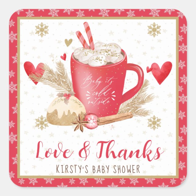 Red Cookies & Cocoa Baby Shower Quadratischer Aufkleber (Vorderseite)