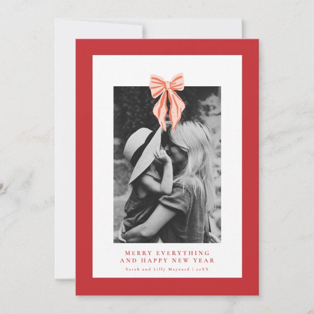 Red Coquette Bow Holiday Foto Card Einladung (Vorderseite)