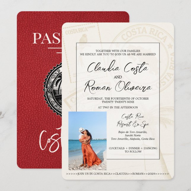Red Costa Rica Passport Hochzeitseinladung Einladung (Vorne/Hinten)