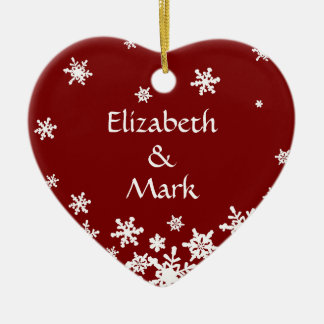 Red Couple Name Jahr Weihnachten Schneeflocke Herz Keramik Ornament