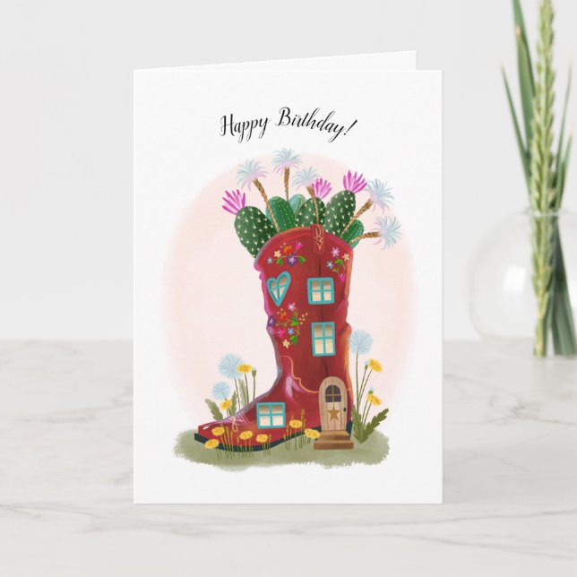Red Cowboy Boot und Cactus Birthday Card Karte (Vorderseite)