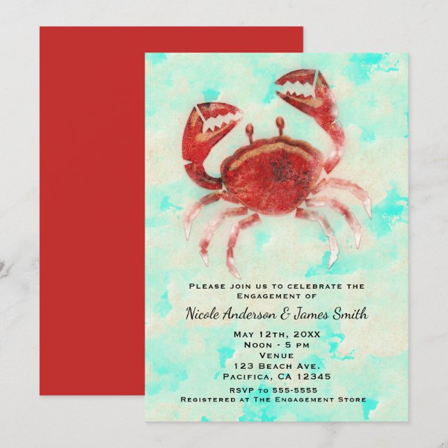 Red Crab Elegantes Beach Party Verlobung Dusche Einladung (Vorne/Hinten)