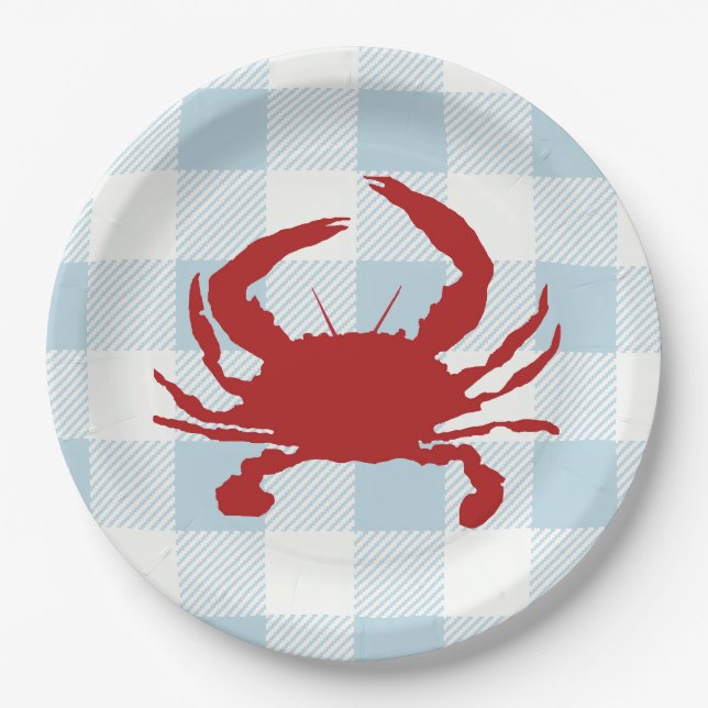 Red Crab Malerei Nautical Blue Gingham Coastal Pappteller (Vorderseite)