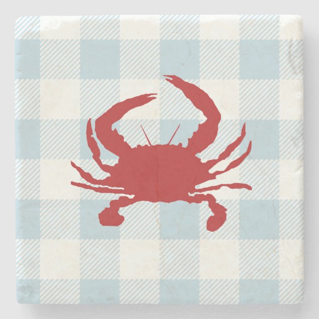 Red Crab Nautical Gingham Karo Steinuntersetzer (Vorderseite)