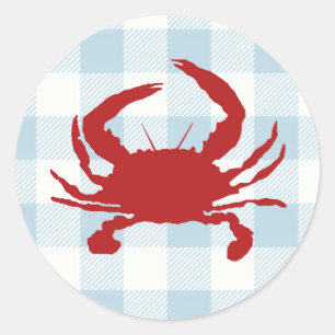Red Crab Painting Nautical Blue Gingham Karo Runder Aufkleber