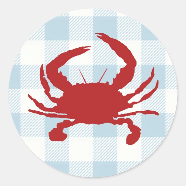 Red Crab Painting Nautical Blue Gingham Karo Runder Aufkleber (Vorderseite)